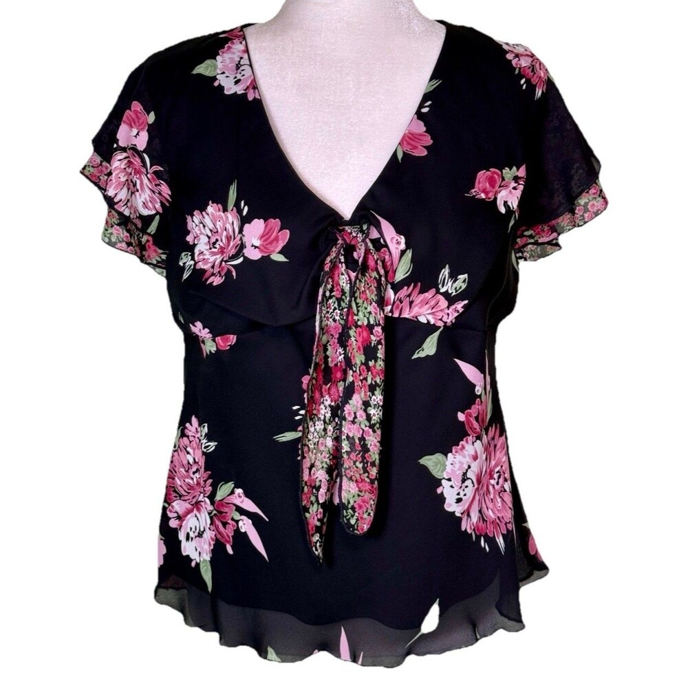 Women Romantic Black Floral Flutter Sleeve Blouse Tie Neck Sheer Chiffon Top XL